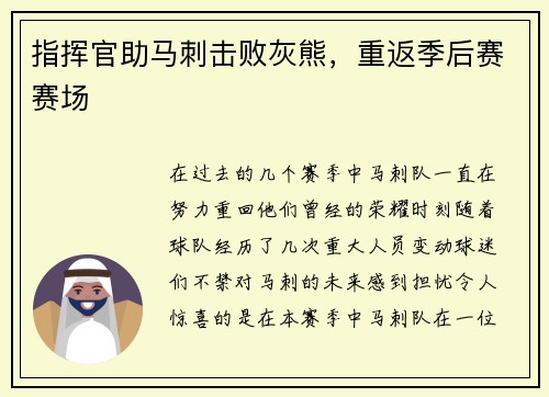 指挥官助马刺击败灰熊，重返季后赛赛场